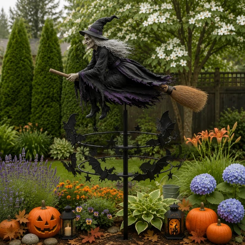 Enchanted Witch Garden Wind Spinner - Flying Witch & Bats - view 2