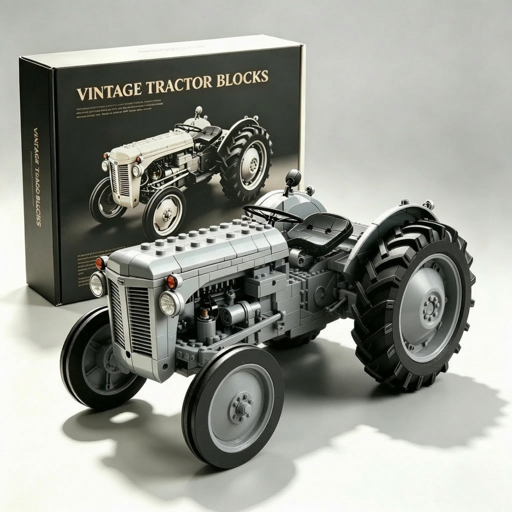 Classic Farm Tractor Building Block Set – 1950s Grey Field Edition - front view
